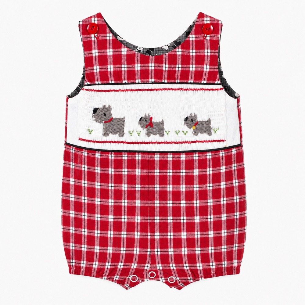 Hand Smocked Baby Romper 3 Months Scottie Dog Plaid Handmade Lined Vintage